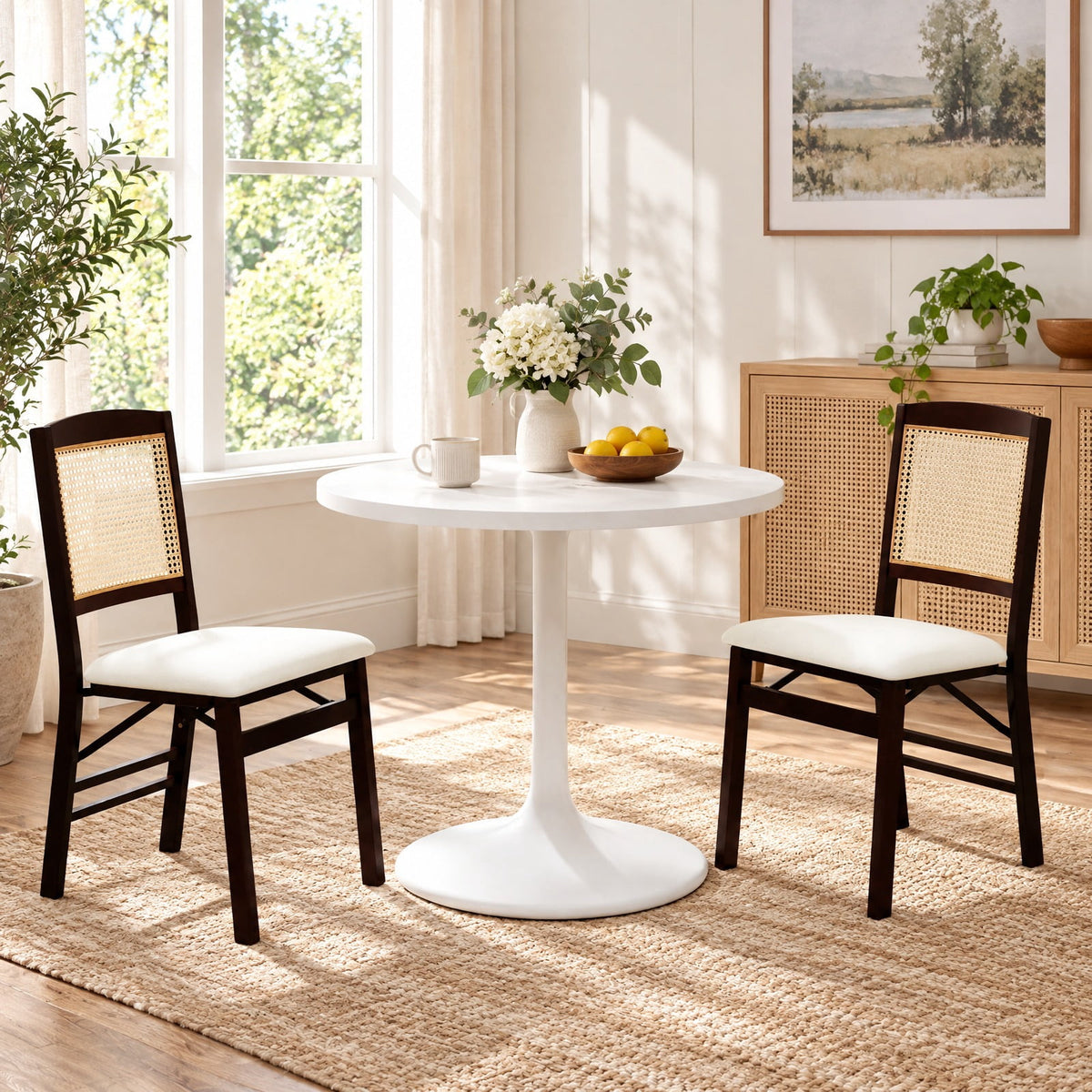 Airfind Folding Dining Chairs Set of 4 Rubber Wood Chairs with Linen Padded Seat, 400 Lbs Capacity, Rubber Wood PE Rattan Linen Fabric Sponge, Coffee