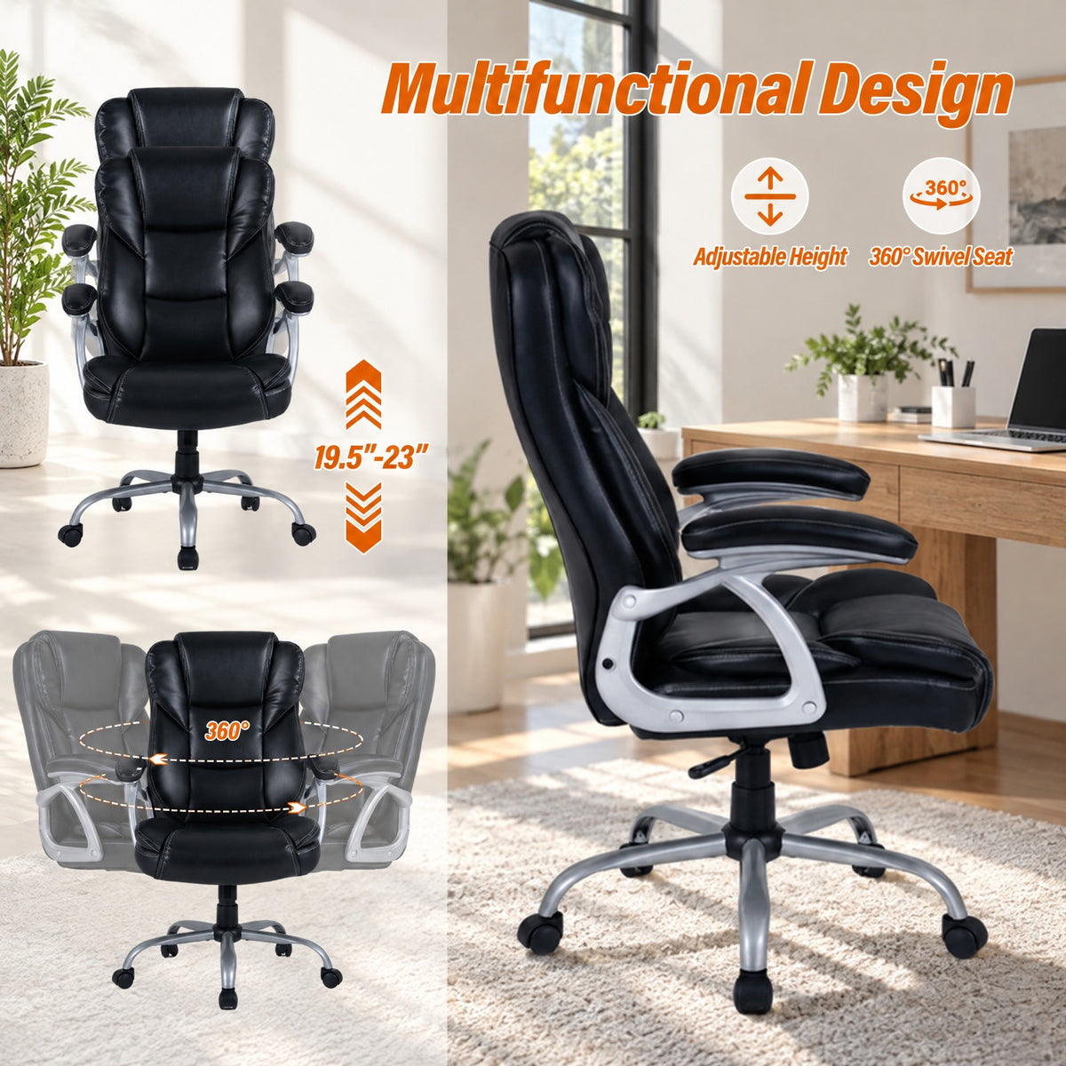 Airfind Executive Office Chair Leather Ergonomic Computer Desk Chair with Padded Seat and Armrests, 330 lbs Capacity, Black