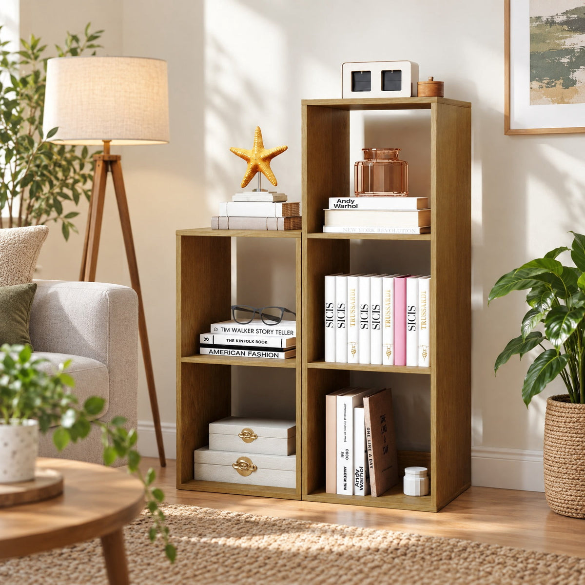 Airfind 2 Cube Bookshelf with Back Guardrail for Living Room Bedroom, Engineered Wood Frame, 14 Inch x 13 Inch x 27.5 Inch Depth of Bottom Shelf 12 Inch Footprint