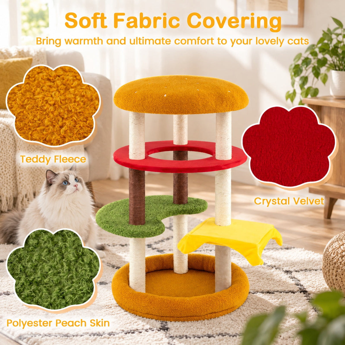 Airfind 42 Inch Tall Modern Cat Tree Multi-Level with Padded Perch and Cat Bed, 22 lbs Capacity, 24in x 42in (Dia. x H) Perch Footprint, Yellow