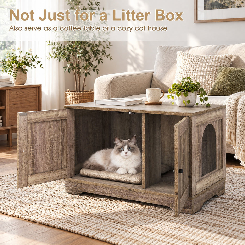 Airfind Cat Litter Box Enclosure Furniture Indoor Wooden Cat House End Side Table Nightstand, Engineered Board MDF Frame, Gray