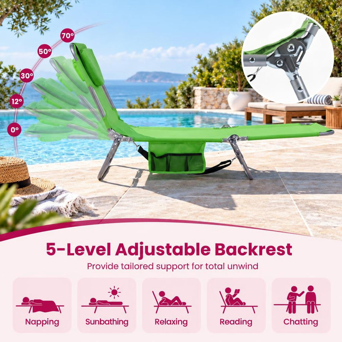 Airfind Folding Beach Lounge Chair with Adjustable Backrest for Lawn, 330 lbs Capacity, Metal Oxford Fabric Polyester Sponge Frame, Green