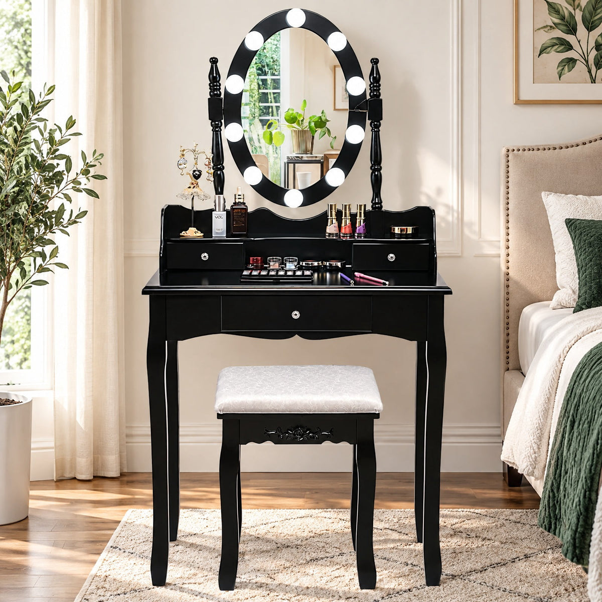 Airfind Oval Mirror Vanity Set with 10 LED Dimmable Bulbs and 3 Drawers, 287 lbs Capacity, MDF Pine Frame, Black