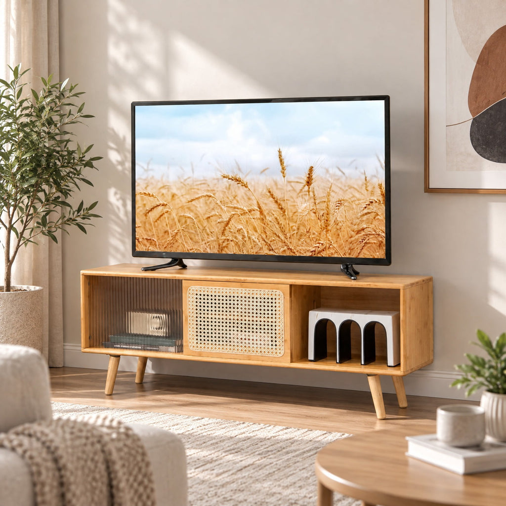 Airfind Modern TV Stand with Rattan Glass Sliding Doors, Bamboo Rubber Wood Rattan Tempered Glass Frame, 47.5 x 12 x 18 Footprint, Natural