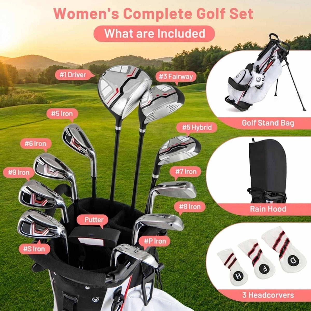 Airfind Children Golf Club Set for Ages 5-7 with 4 Pieces and a Lightweight Design Plus Fiberglass Clubs and a Portable Stand Bag as a Complete Golf Club Set, Red