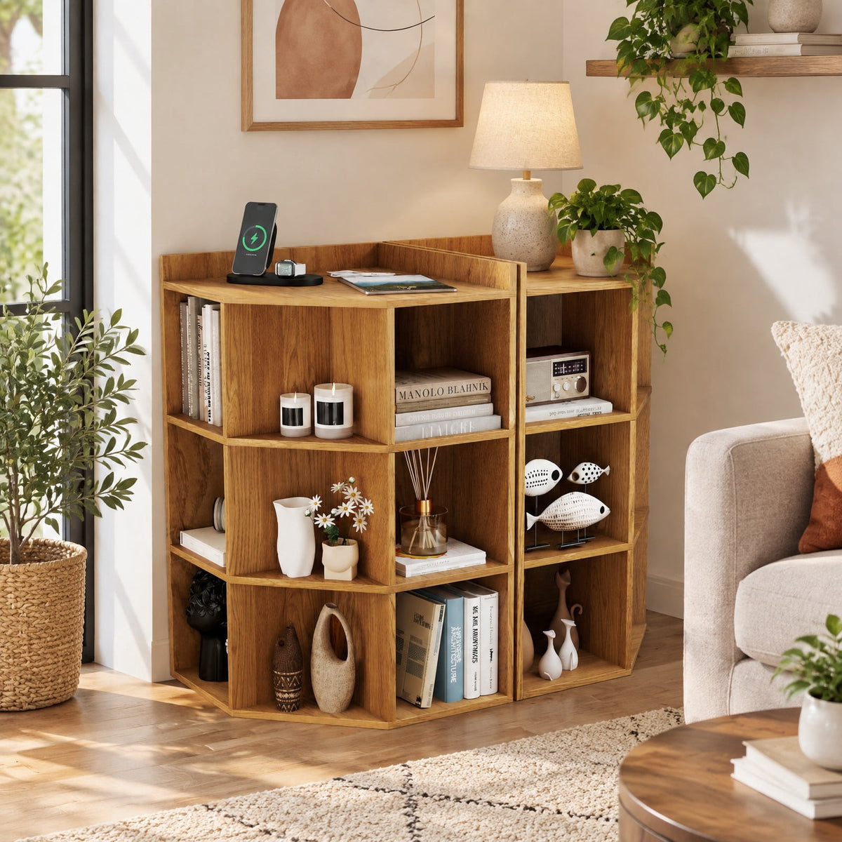 Airfind 3-Tier Corner Cabinet with Charging Station for Bedroom, Engineered Wood Frame, 20 x 20 x 34 inch Footprint, Natural