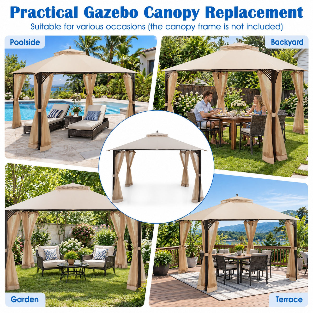 Airfind 10 x 12 Feet Gazebo Replacement Top with Air Vent and Drainage Holes, Polyester Frame, 12 ft x 10 ft Footprint, Beige