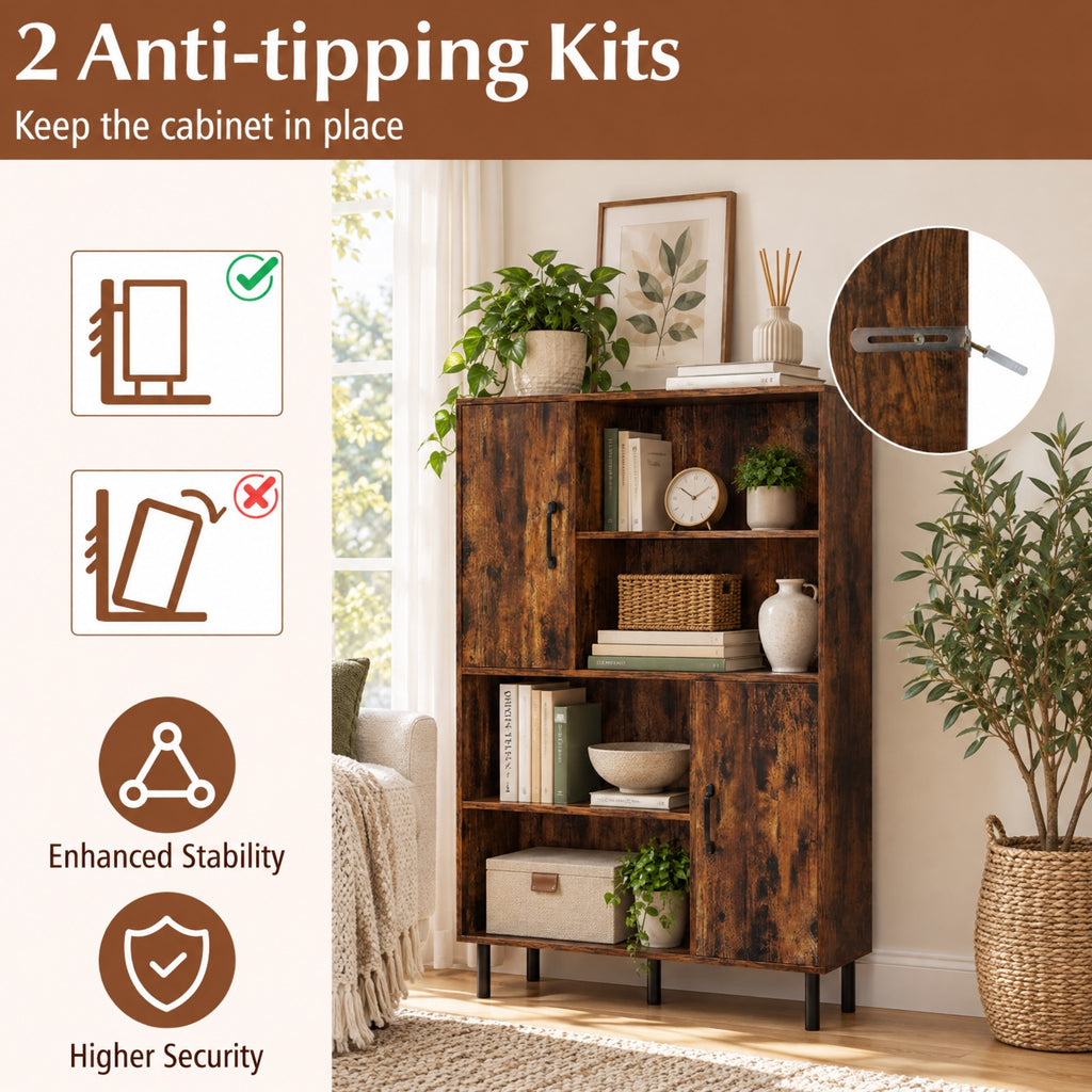 Airfind 47 Inch Storage Cabinet Freestanding Bookcase with 2 Doors and 4 Open Shelves, 176 lbs Capacity, Engineered Wood MDF Metal Frame, Brown