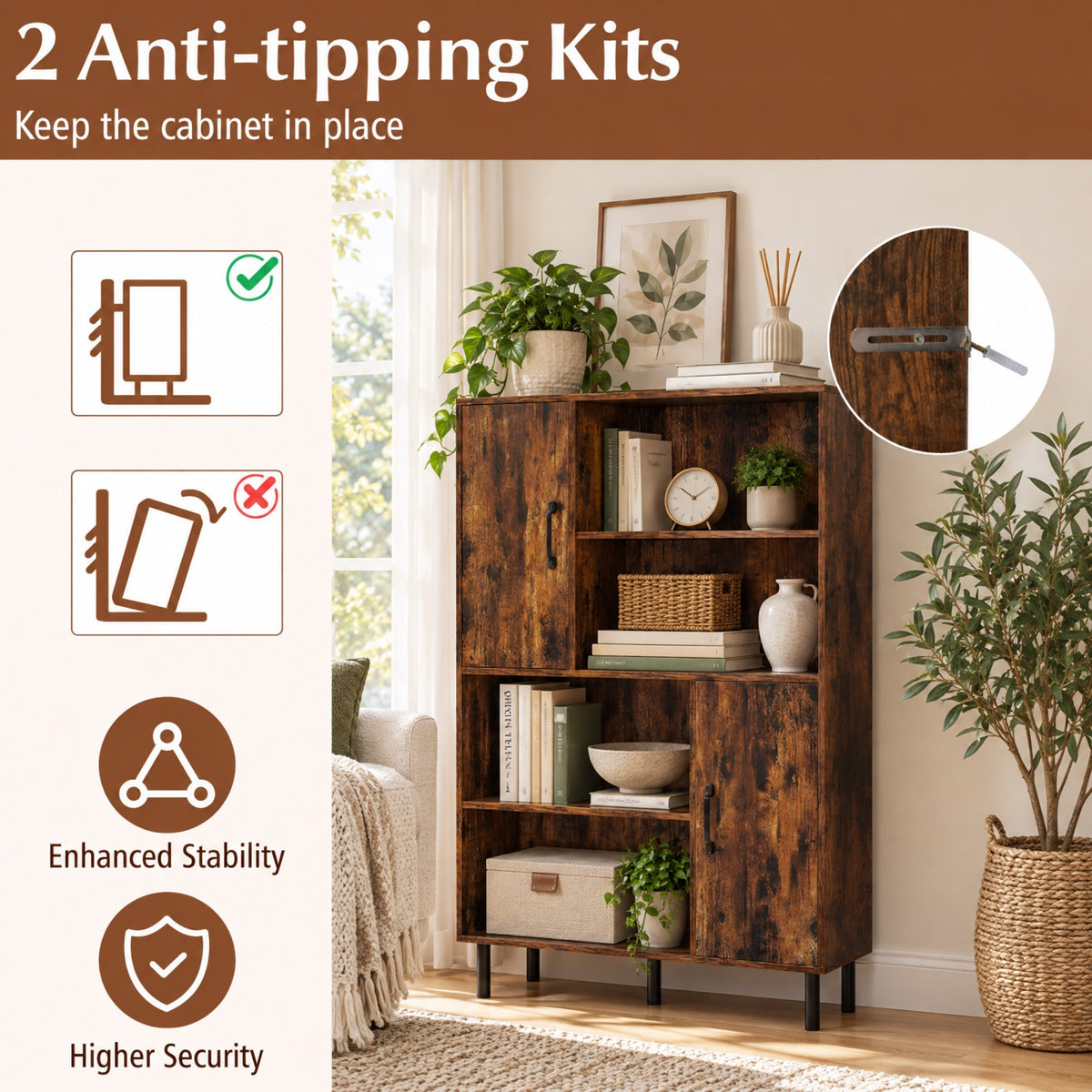 Airfind 47 Inch Storage Cabinet Freestanding Bookcase with 2 Doors and 4 Open Shelves, 176 lbs Capacity, Engineered Wood MDF Metal Frame, Brown