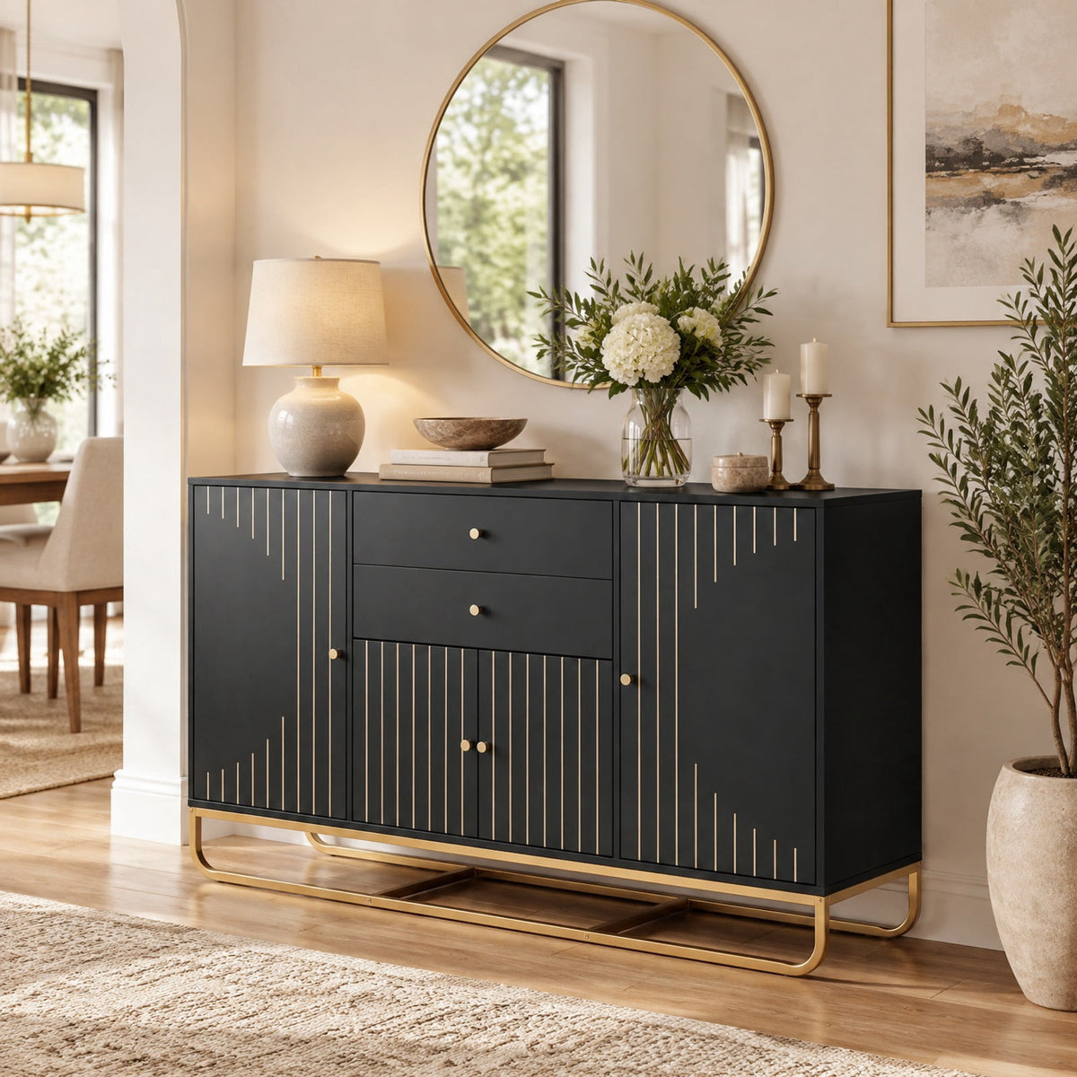 Airfind Modern Buffet Sideboard Cabinet w/ 2 Drawers Adjustable Shelves for Dining Room, 176 lbs Capacity, Engineered Wood Metal Frame, Black