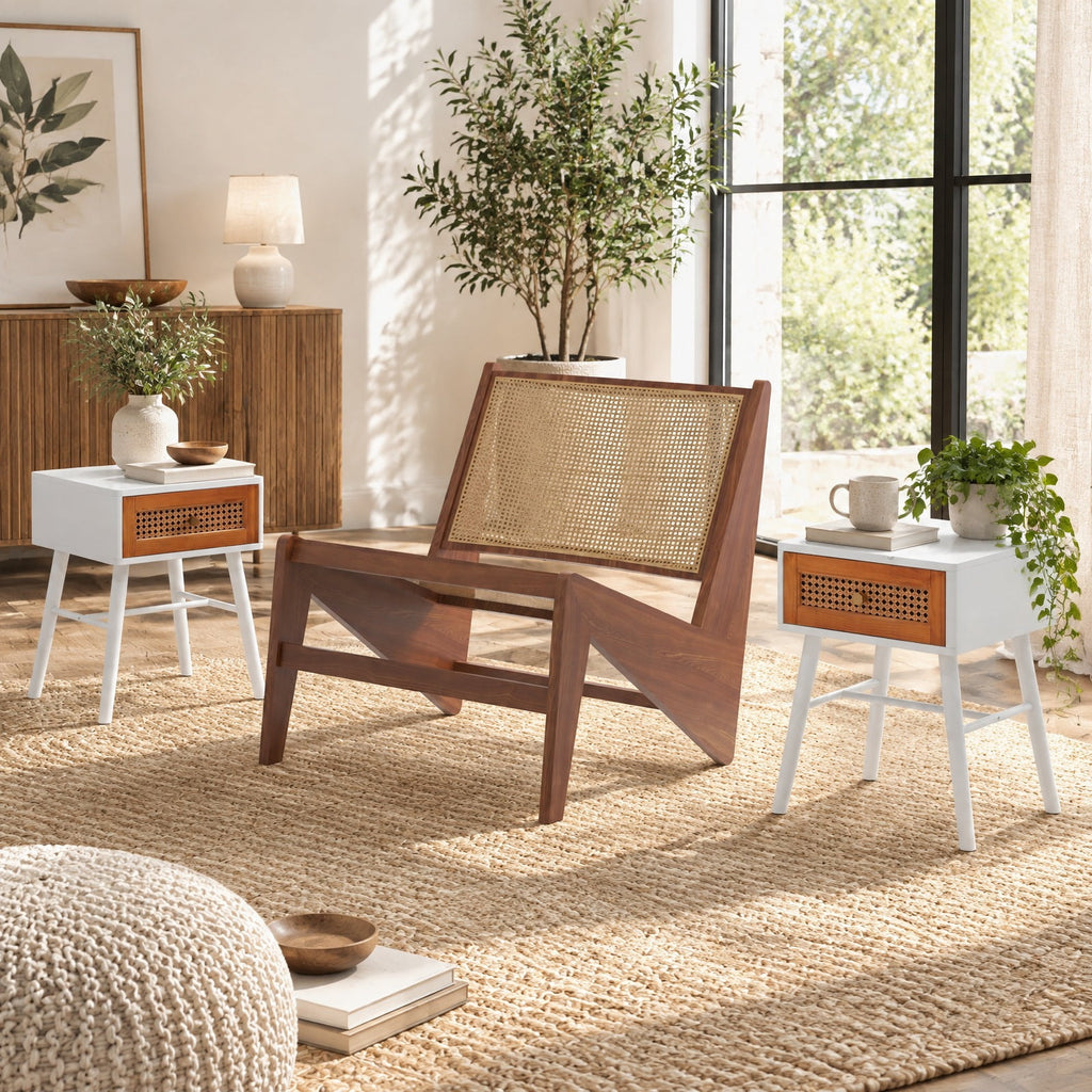 Airfind Rattan Nightstand Mid Century Modern Accent Table with Drawer, 110 lbs Capacity, Painted MDF Pine Wood Natural Rattan Frame, White