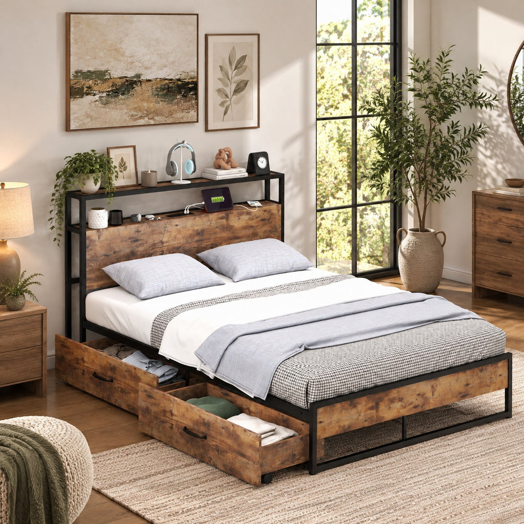 Airfind Full Size Bed Frame with 2-Tier Storage Headboard and Charging Station, 600 lbs Capacity, Metal MDF Frame, 82.5 Inch x 55.5 Inch x 39 Inch Footprint