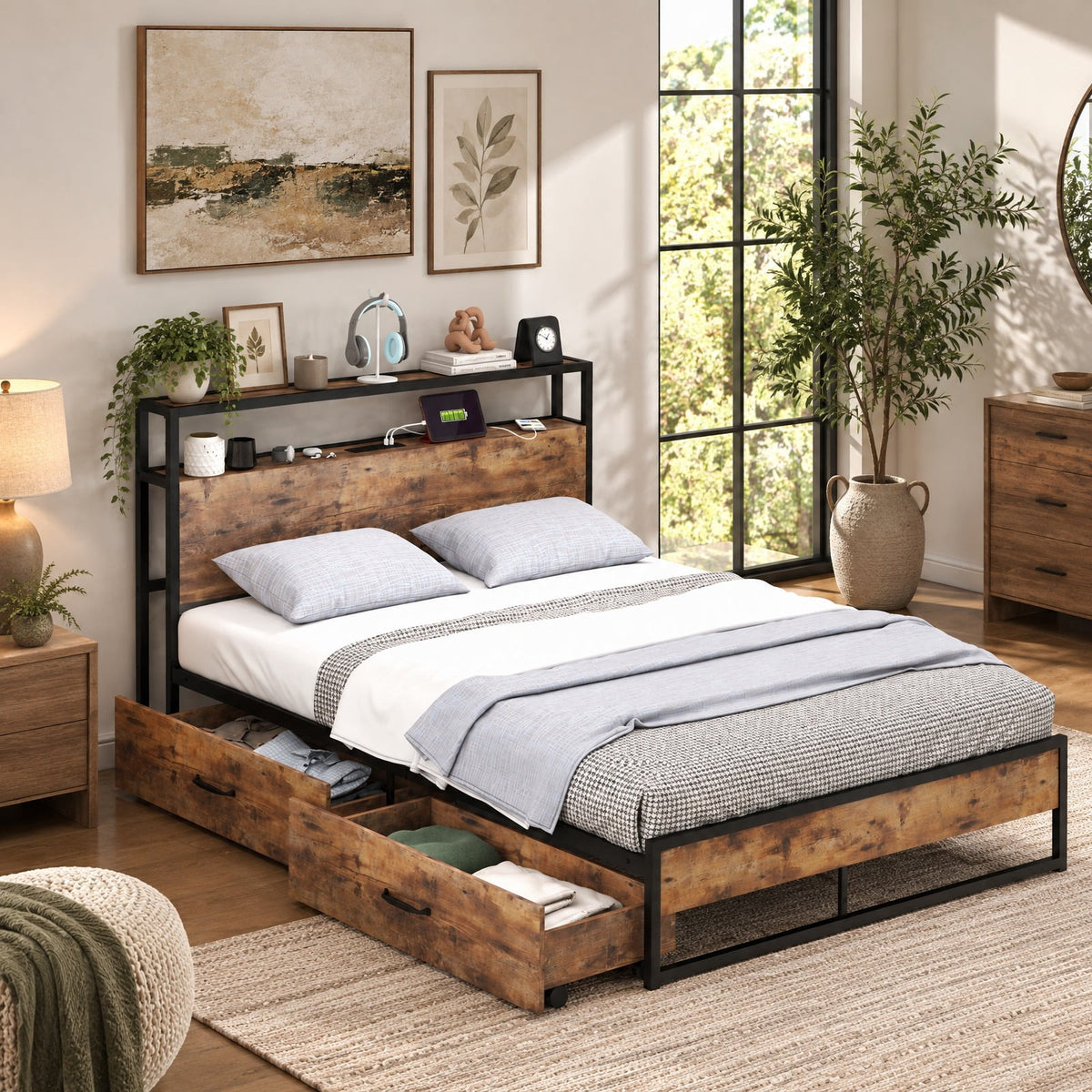 Airfind Full Size Bed Frame with 2-Tier Storage Headboard and Charging Station, 600 lbs Capacity, Metal MDF Frame, 82.5 Inch x 55.5 Inch x 39 Inch Footprint