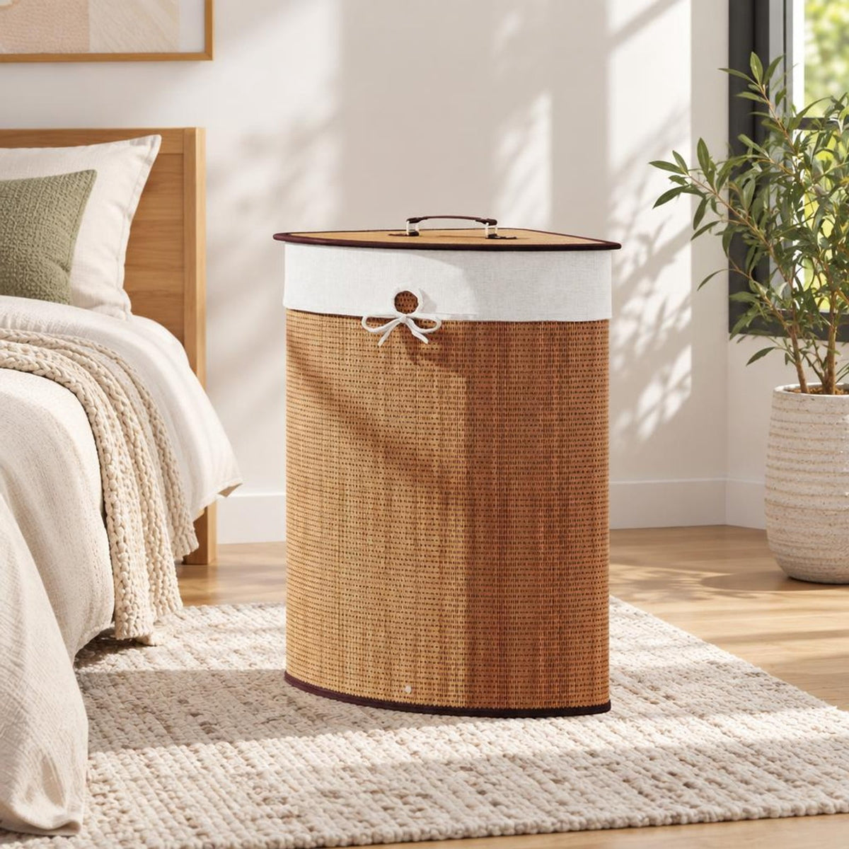 Airfind Bamboo Laundry Hamper Basket with Lid and Removable Liner Bag, Bamboo and polyester cotton Frame, Yellow