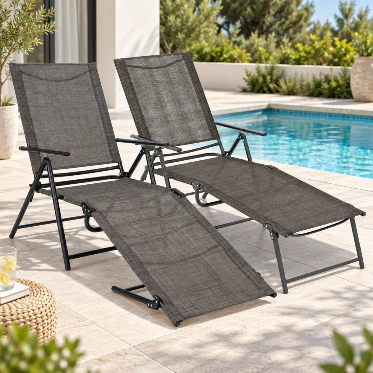 Airfind 2 Piece Patio Folding Chaise Lounge Chairs Recliner with 6-Level Backrest, 61-74.5 x 25 x 25.5-40Folding Footprint, Coffee