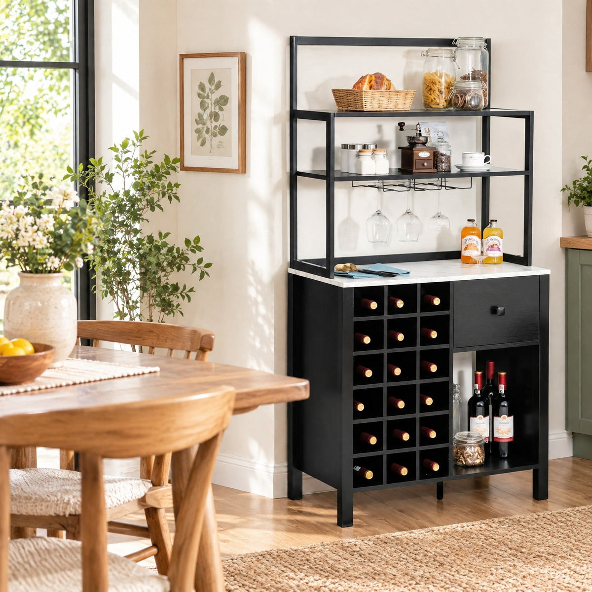 Airfind Kitchen Bakers Rack Freestanding Wine Rack Table with Glass Holder and Drawer, Engineered wood steel Frame, 31 x 16 x 64 Footprint, Black