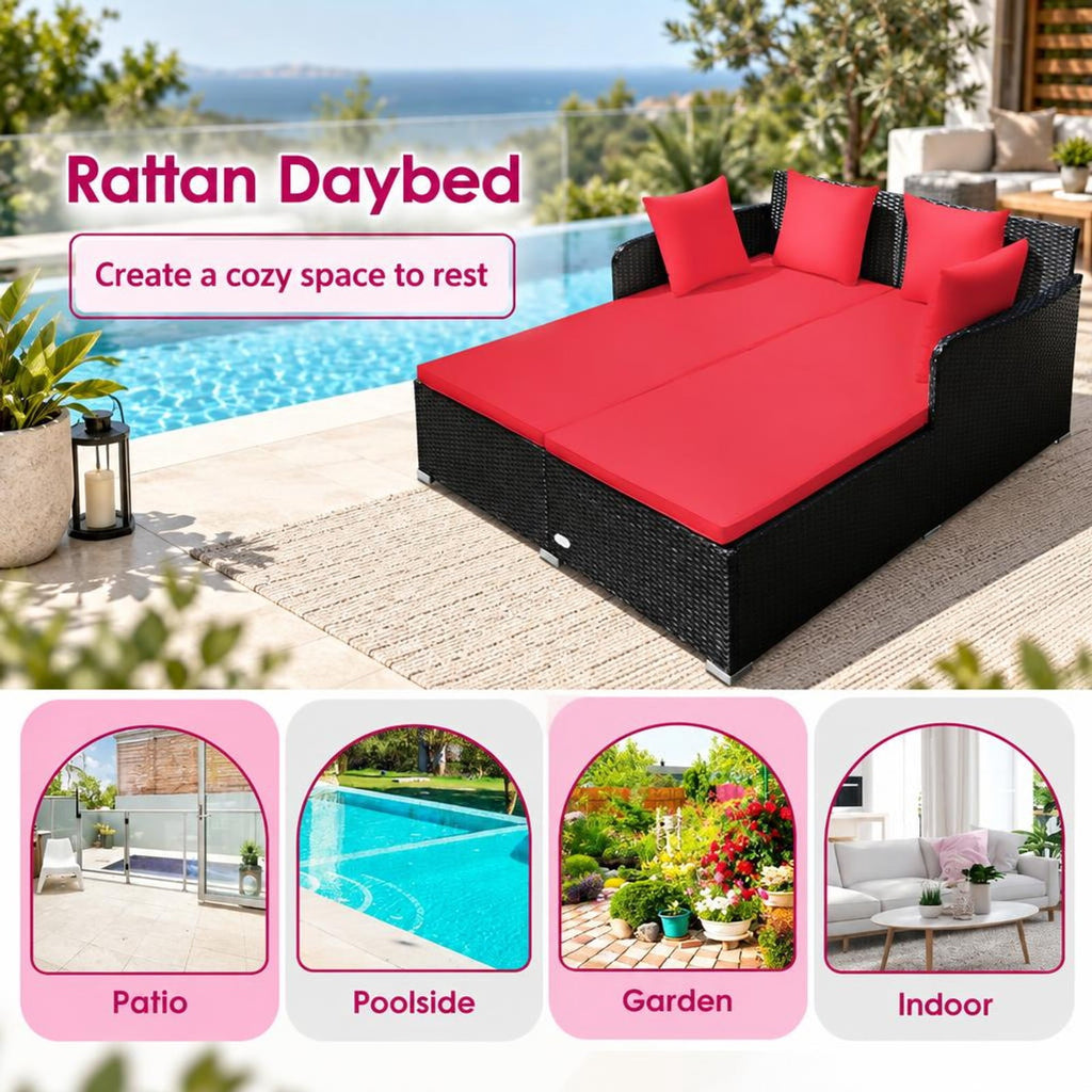 Airfind Spacious Outdoor Rattan Daybed with Upholstered Cushions and Pillows, 800 lbs Capacity, Rattan Steel Sponge Frame, Red