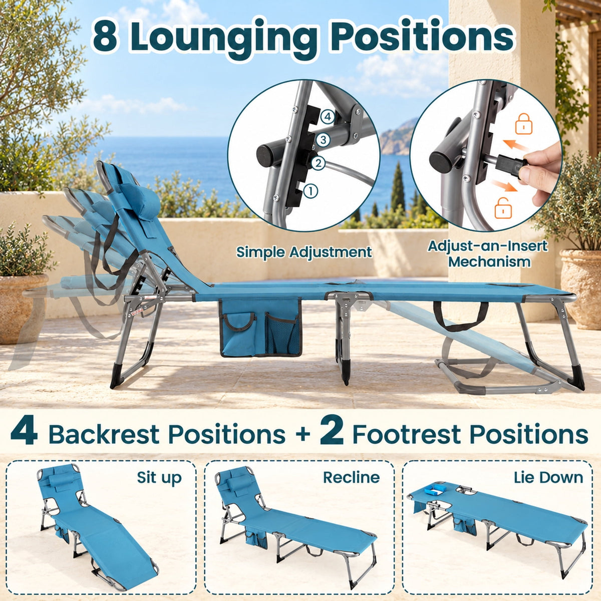 Airfind Set of 2 Tanning Chair Portable Chaise Lounge Chair with 4-Position Adjustable Backrest, 330 lbs Capacity, Navy