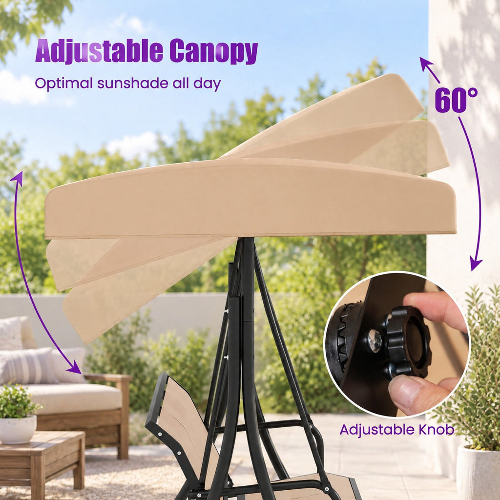 Airfind 3-Seat Patio Swing Chair with Adjustable Canopy, 800 lbs Capacity, Metal Frame, 75 Inch x 48 Inch x 67 Inch Footprint, Beige