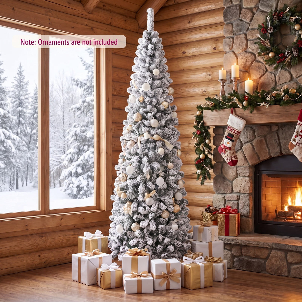 Airfind 7.5 Feet Unlit Hinged Snow Flocked Artificial Pencil Christmas Tree with 641 Tips, PVC Metal Tree Height 7.5 ft Tree Width 2.2 ft Frame