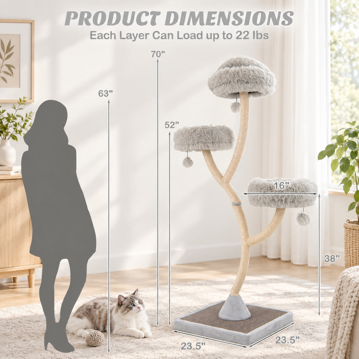 Airfind 70 Inch Tall Cat Tree 4-Layer Cat Tower with 3 Perches and Dangling Balls, 22 lbs Capacity, Engineering Board Metal Plush Sisal Rope Frame