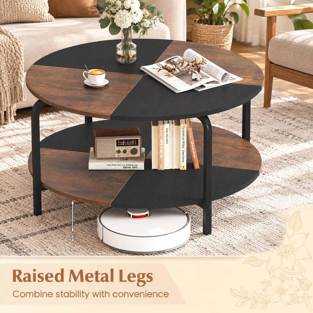 Airfind 2-Tier Round Coffee Table Metal Frame with Storage Shelf, 220 lbs Capacity, Engineered Wood Metal Frame, Coffee