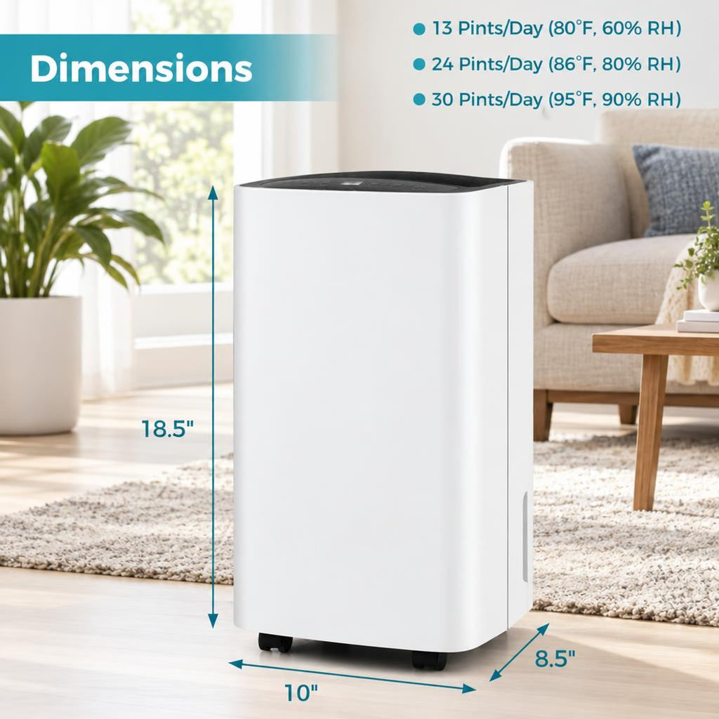 Airfind 30 Pints 1500 Sq. Ft Portable Dehumidifier for Medium to Large Spaces, 10 Inch x 8.5 Inch x 18.5 Inch Footprint, ABS Frame, White