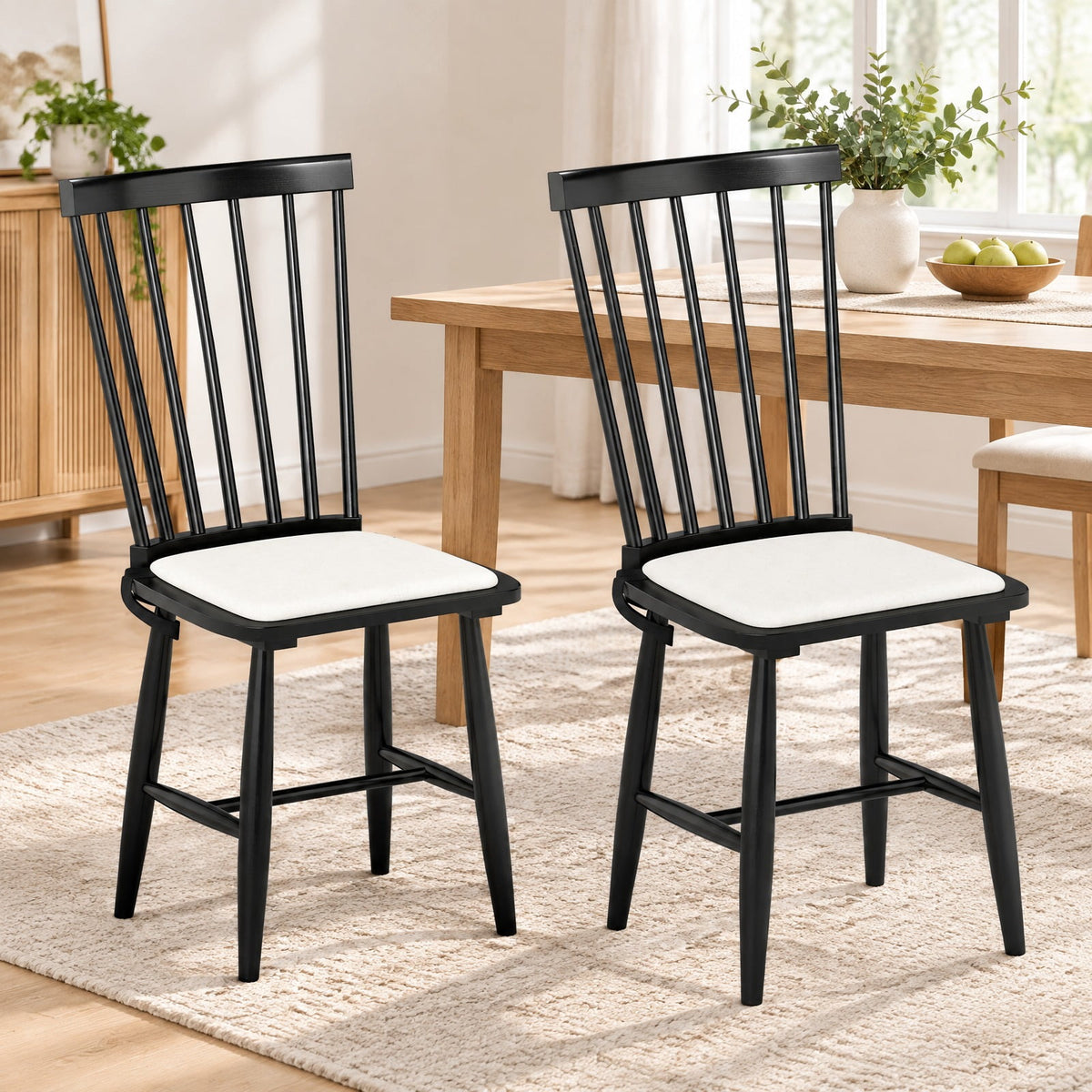 Airfind Dining Chairs Set of 2 Farmhouse Solid Rubber Wood Windsor Chairs with Removable Seat Cushions, 420 lbs Capacity, Black