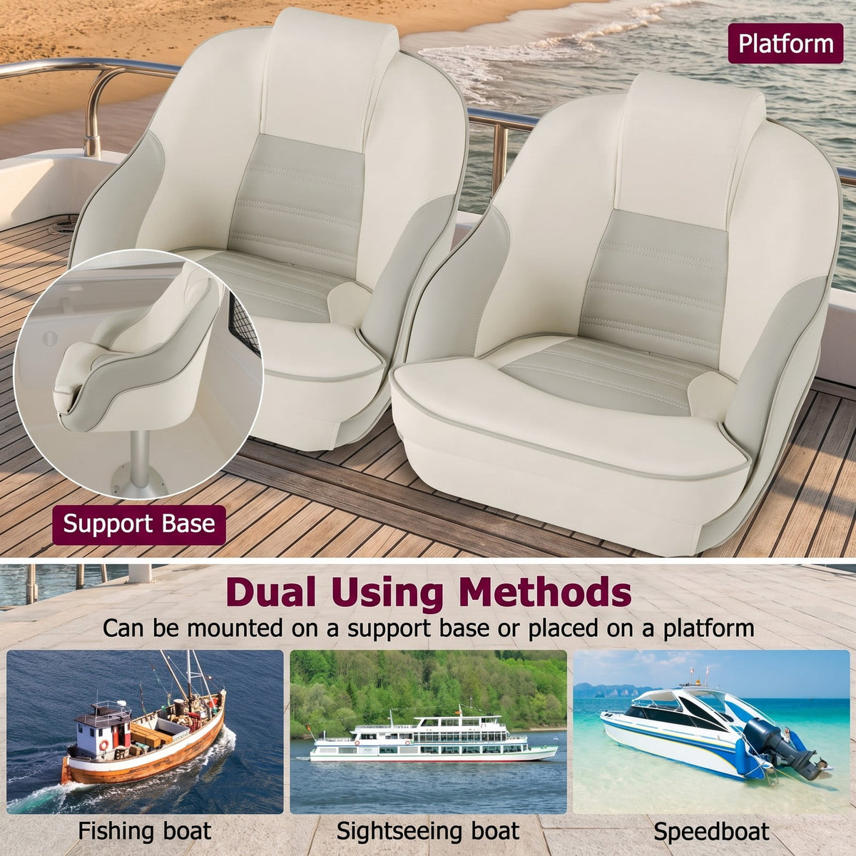 Airfind Captain Bucket Boat Seat with Padded Headrest and Wrap Around Support for Cabin and Sightseeing Boats, White and Gray