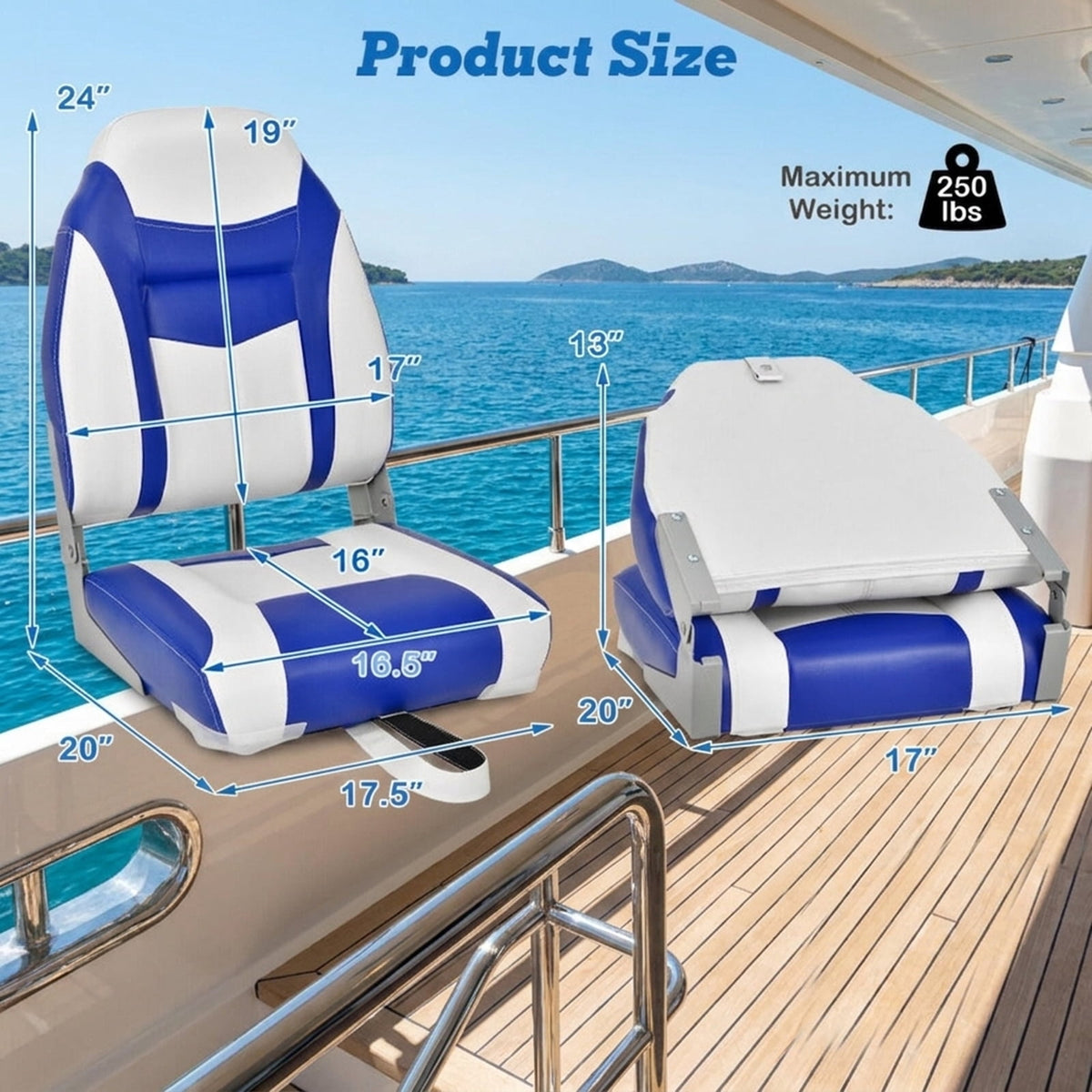 Airfind Folding Boat Seats Set with High Back Ergonomic Support and Waterproof Padded Cushion for Fishing and Pontoon Boats, Blue
