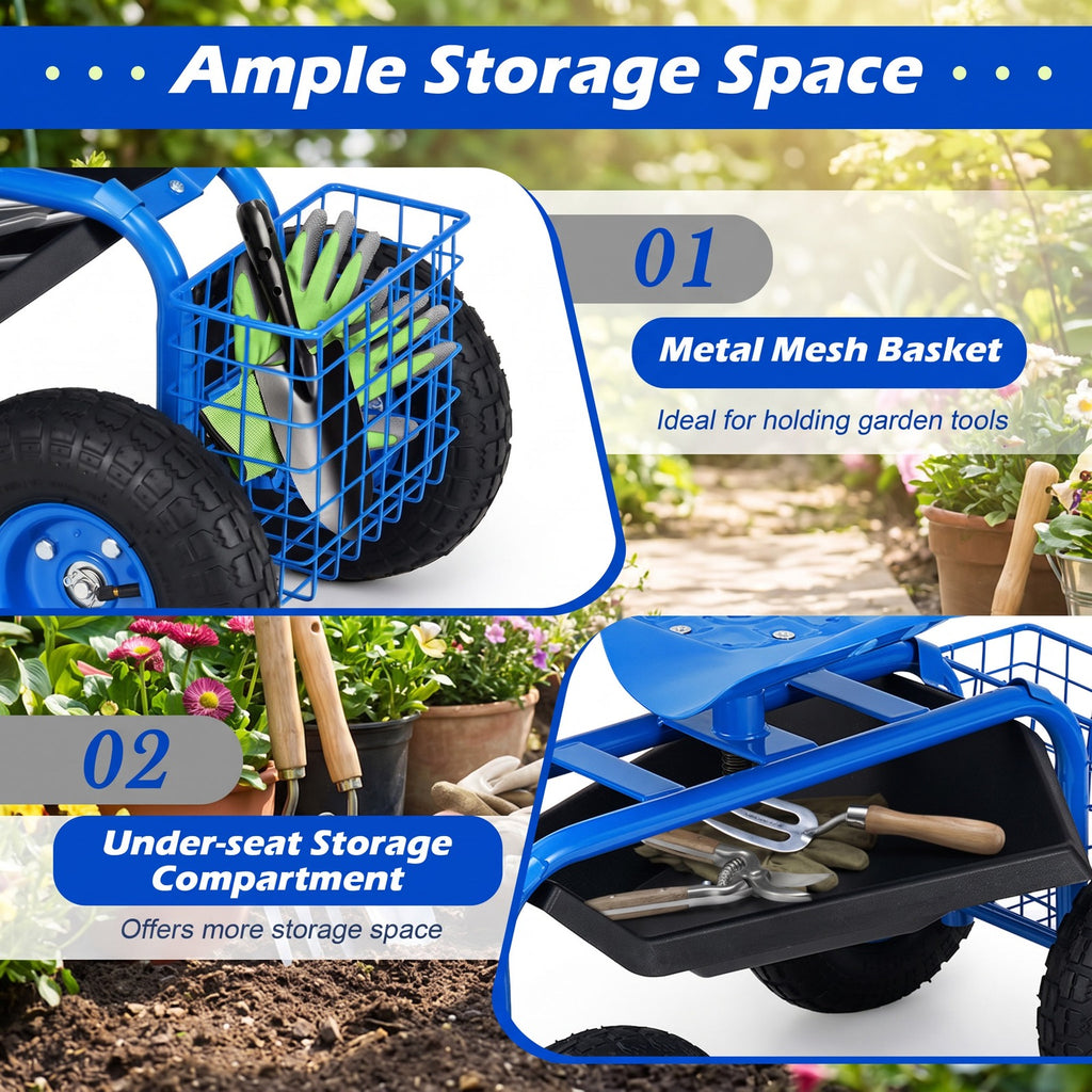Airfind Garden Cart with Heavy Duty Tool Tray, 33 x 16 x 22 Footprint, Blue, Height adjustable and 360 degrees of rotation