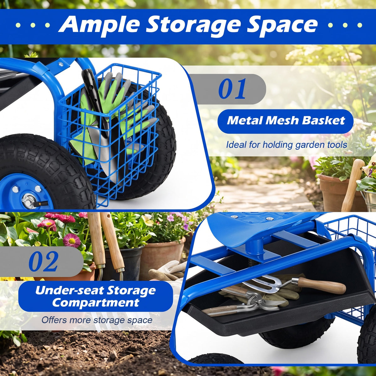 Airfind Garden Cart with Heavy Duty Tool Tray, 33 x 16 x 22 Footprint, Blue, Height adjustable and 360 degrees of rotation
