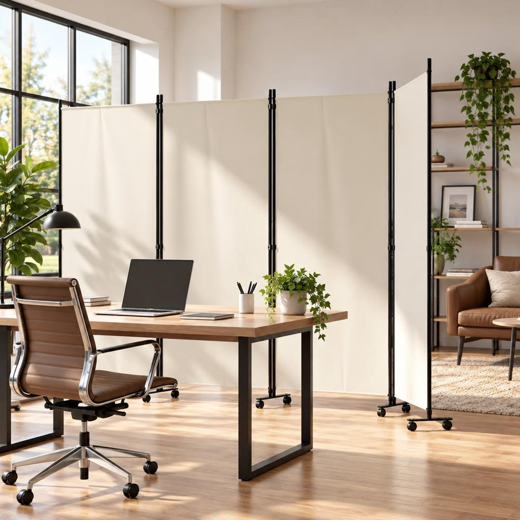 Airfind 4 Panel Folding Privacy Screen Room Divider with Wheels, Polyester Fabric Metal PP Frame, 137 x 12 x 71.5 Footprint, White