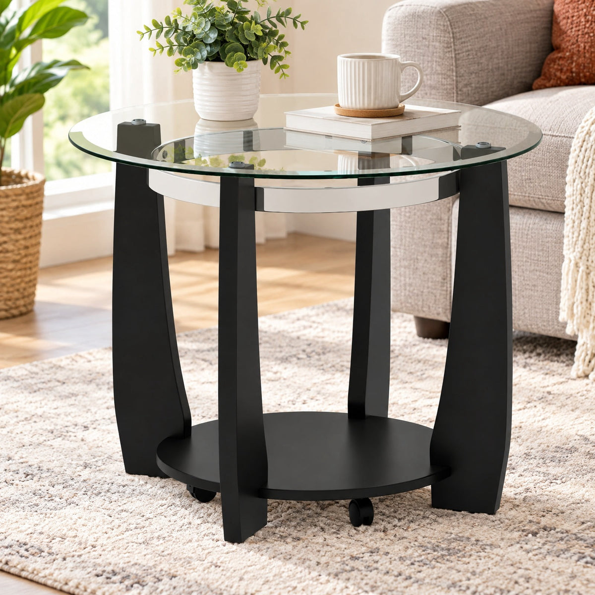 Airfind 32 Inch 2-Tier Glass Round Coffee Table with Storage Shelf, 300 lbs Capacity, Tempered Glass Rubber Wood Stainless Steel Plastic Frame, Black