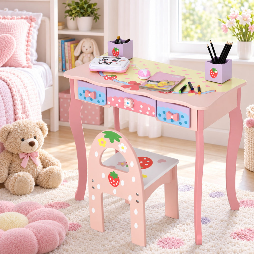 Airfind Kids Vanity Princess Makeup Dressing Table Chair Set with Tri-fold Mirror, 44 lbs Capacity, MDF Frame, Pink
