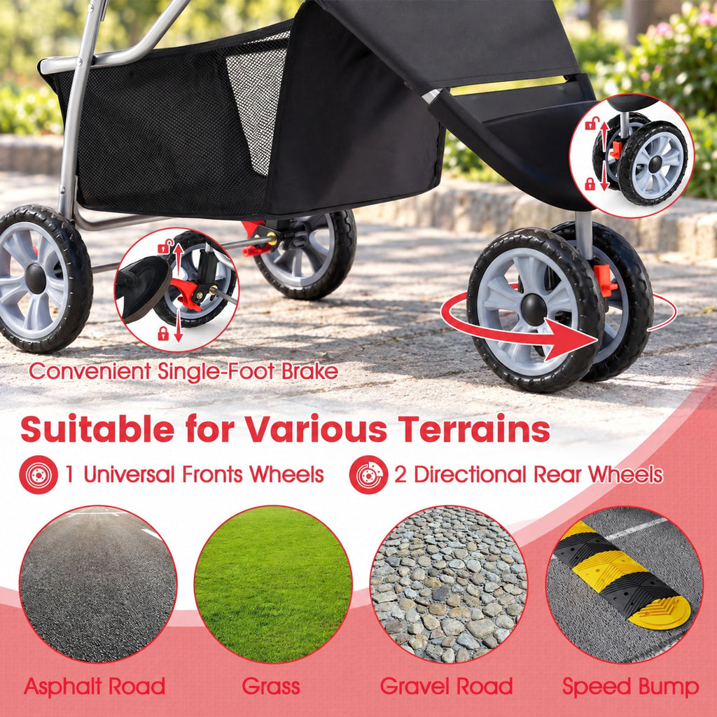 Airfind 3 Wheel Pet Stroller for Small Dogs Cats up to 33 LBS, 33 lbs Capacity, 300D Oxford Cloth Metal Mesh Sponge PU PP Frame, Black