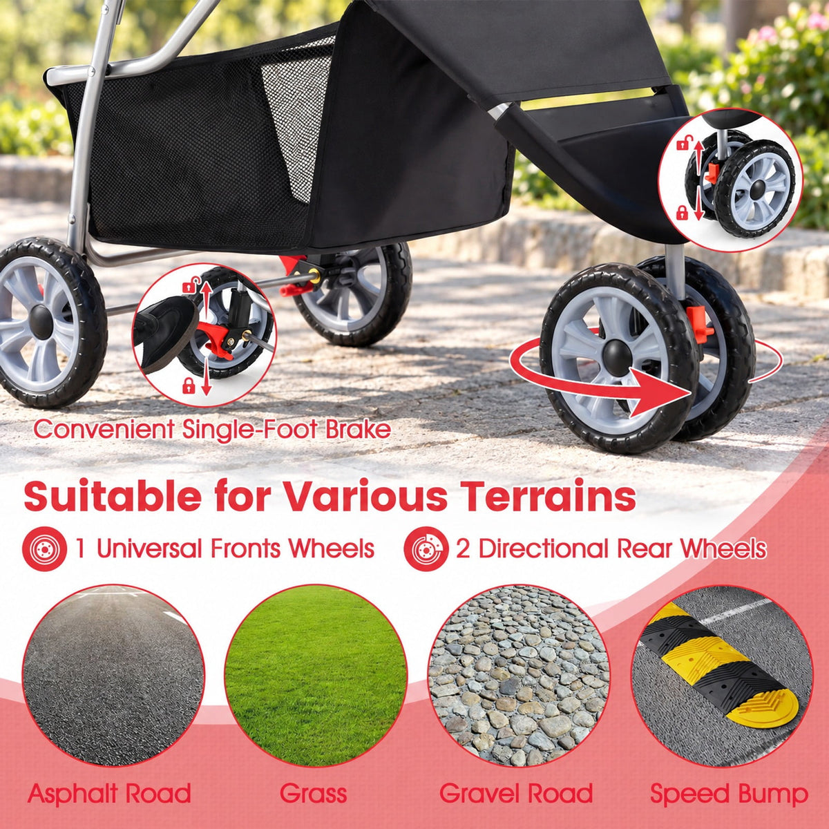 Airfind 3 Wheel Pet Stroller for Small Dogs Cats up to 33 LBS, 33 lbs Capacity, 300D Oxford Cloth Metal Mesh Sponge PU PP Frame, Black