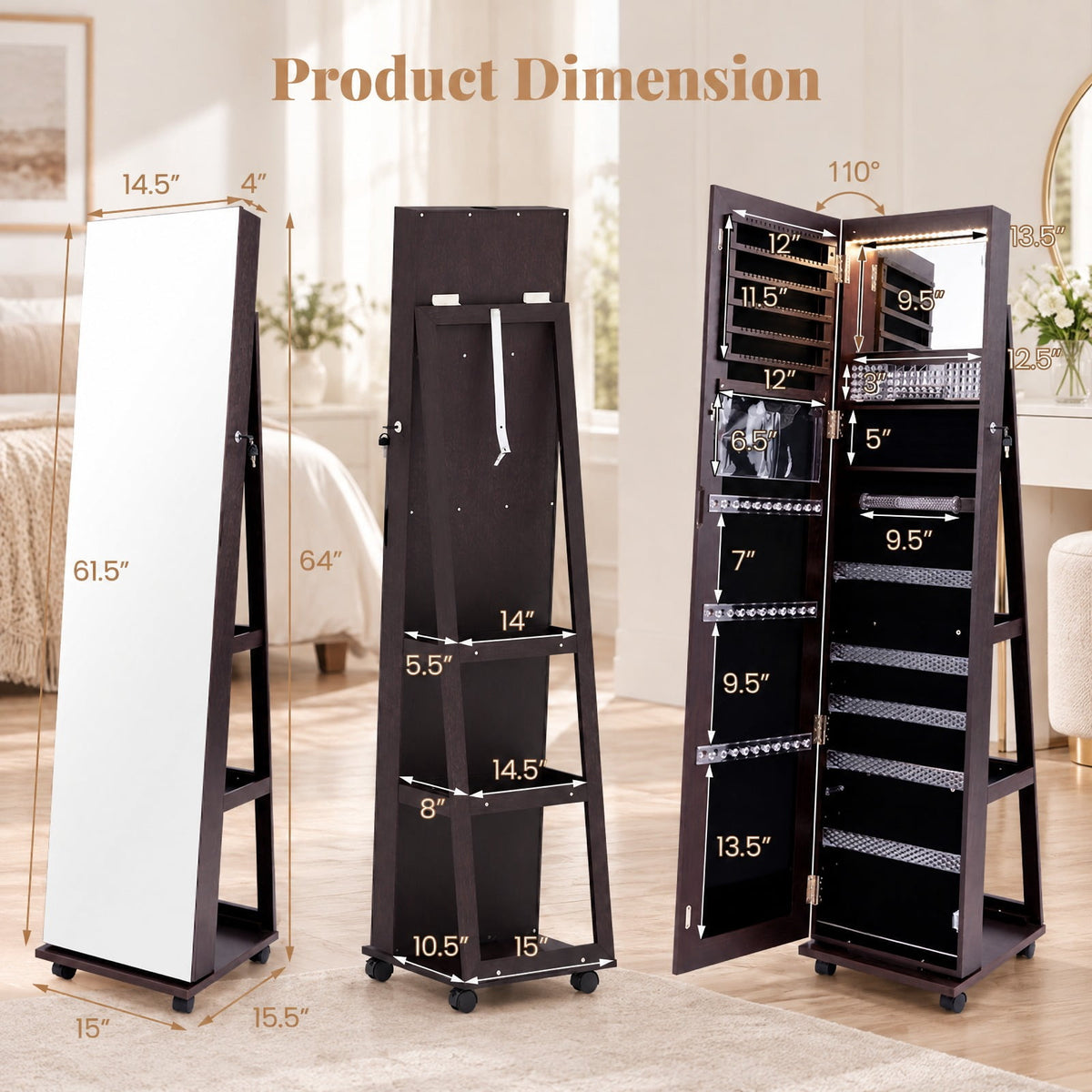 Airfind 64 Inches Lockable Jewelry Cabinet Armoire with Built-in Makeup Mirror, MDF Glass Acrylic Frame, 15.5in x 15in x 64in Full-Length Footprint