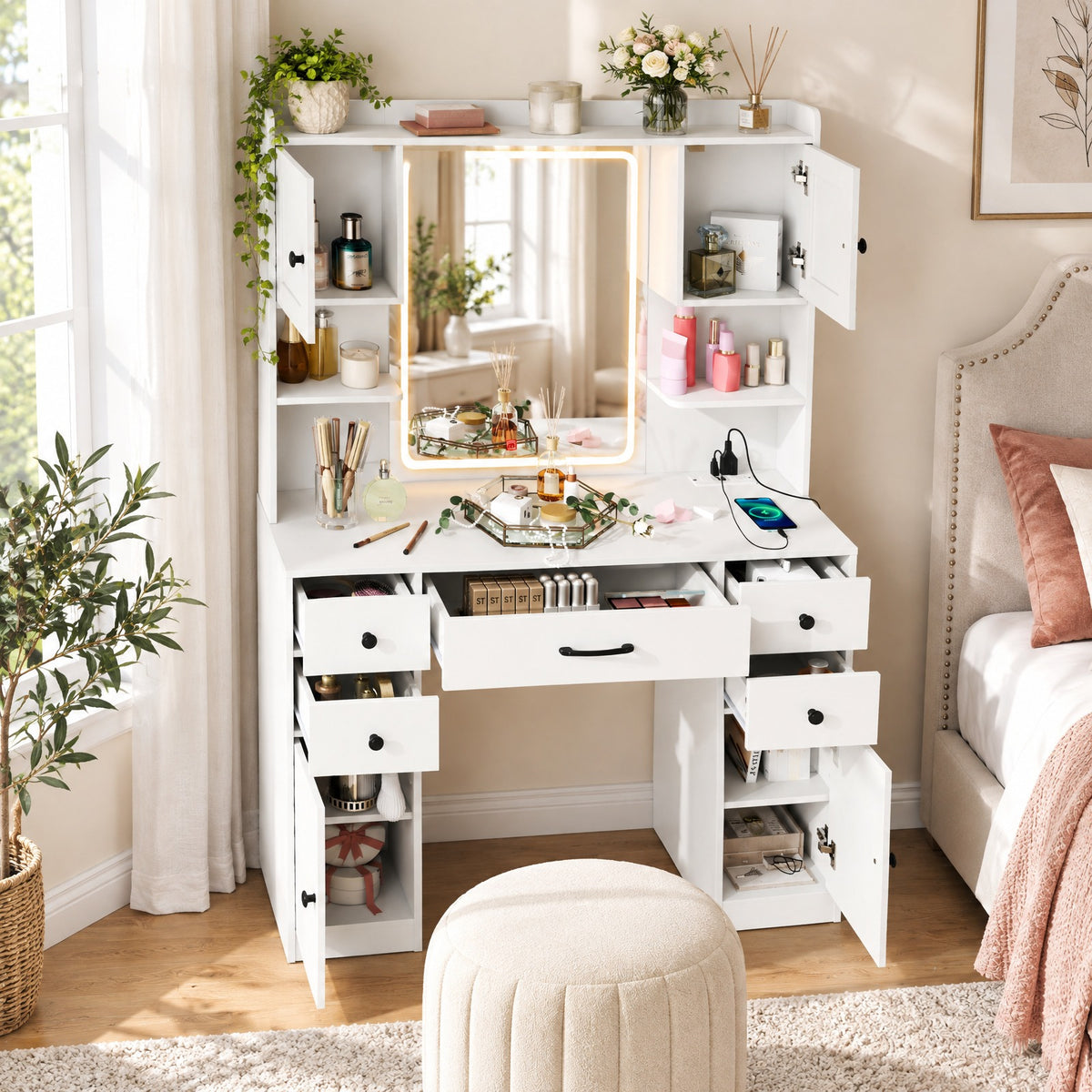 Airfind Makeup Vanity Desk with Lighted Mirror and Charging Station, 110 lbs Capacity, Engineered Wood Frame, 41.5 Inch x 16 Inch x 59 Inch Footprint, White