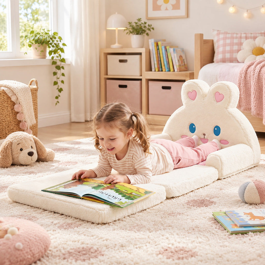 Airfind 2-in-1 Convertible Kids Sofa to Lounger with Bunny Pattern, Cotton Velvet Sponge Frame, for 18-36 Months Old, Pink