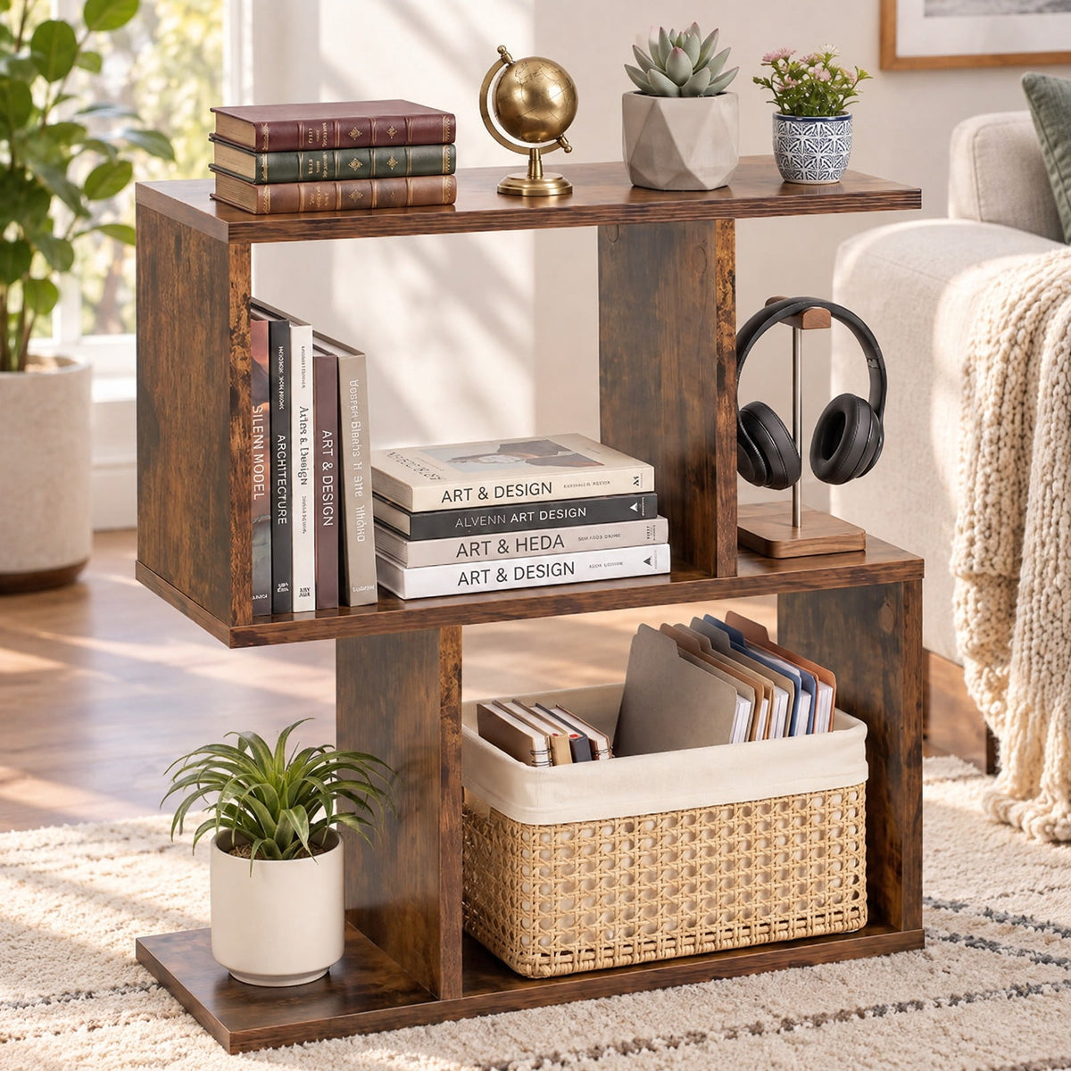 Airfind 24 Inch 3-Tier Geometric Bookshelf with Thick Foot Pads, 44 lbs Capacity, Engineered Wood PVC Frame, 19.5in x 7in x 22in Footprint, Brown