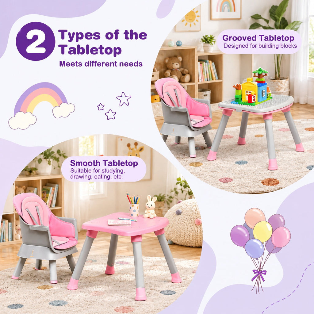 Airfind 6-in-1 Convertible Youth High Chair featuring Adjustable Removable Tray, 55 lbs Capacity, PP PU Fabric Frame, for 6-36 Months, Pink