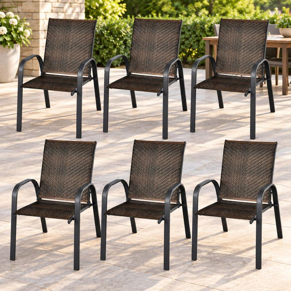 Airfind Set of 6 Outdoor PE Wicker Stackable Chairs with Sturdy Steel Frame, PE rattan steel Frame, Brown