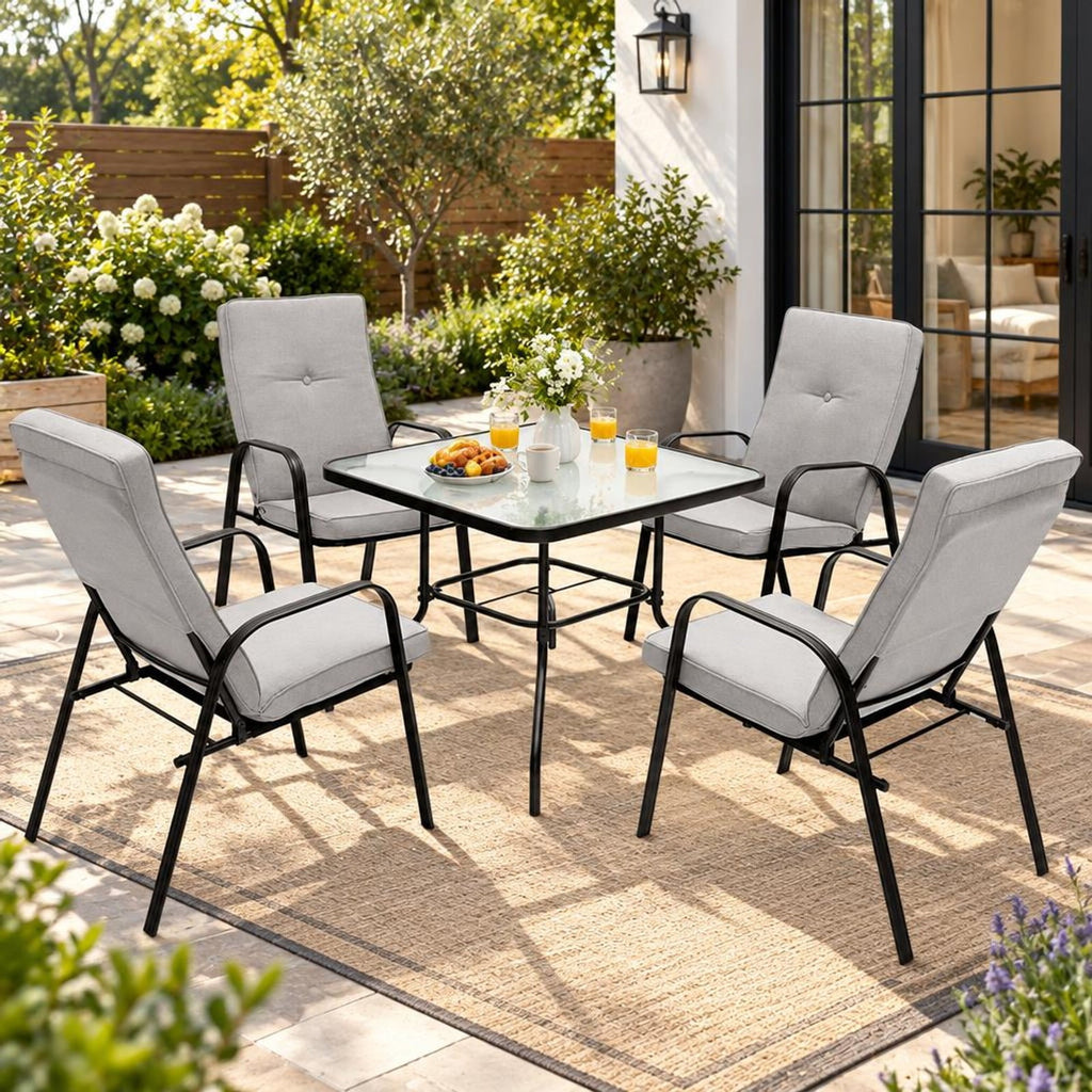 Airfind 35 Inch Patio Dining Square Tempered Glass Table with Umbrella Hole, 200 lbs Capacity, Steel tempered glass Frame, Black