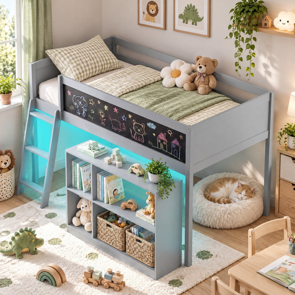 Airfind Twin Size Kids Loft Bed with LED Lights and Removable Bookcase, 350 lbs Capacity, Solid Wood Plywood Engineered Wood Frame, Gray