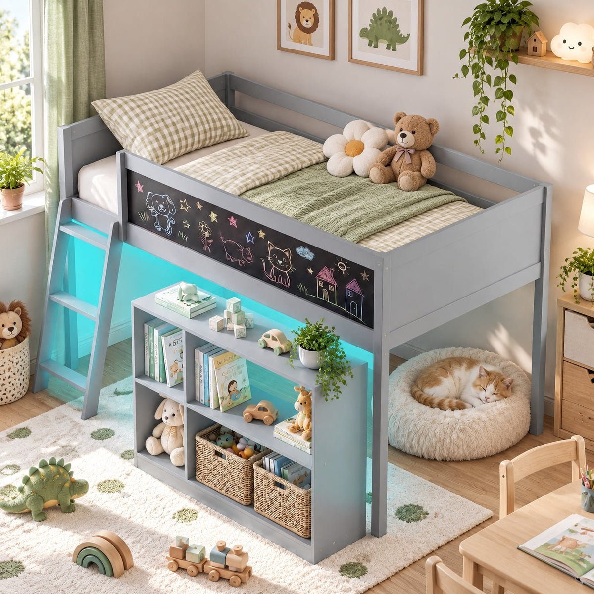 Airfind Twin Size Kids Loft Bed with LED Lights and Removable Bookcase, 350 lbs Capacity, Solid Wood Plywood Engineered Wood Frame, Gray