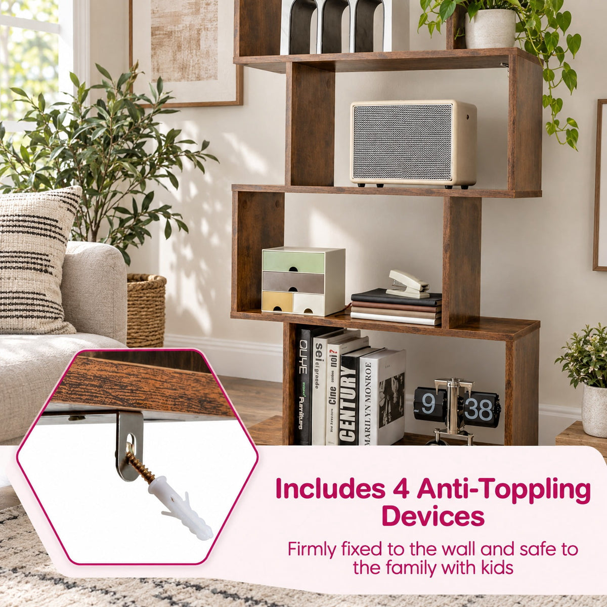 Airfind 6-Tier S-Shaped Freestanding Bookshelf with Cabinet and Doors, Engineered Wood with Engineered Wood and MDF Construction, Coffee