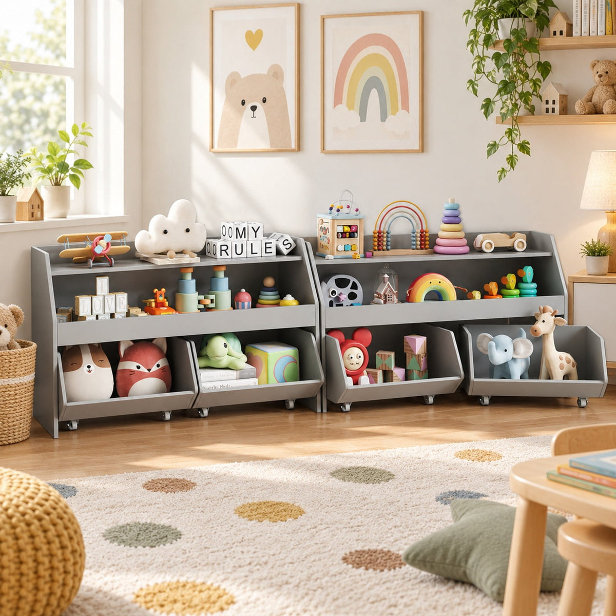 Airfind Youth Toy Storage Organizer Wooden Bookcase with 2 Movable Drawers, 176 Lbs Capacity, Engineered Wood, for 3 and Years Old Total, Gray