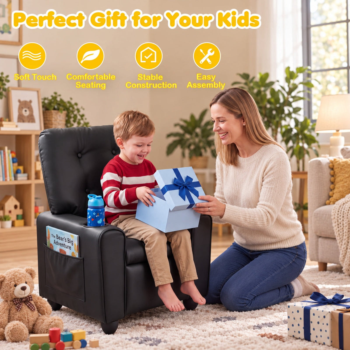 Airfind Youth Recliner Chair with Cup Holder, Side Pocket and Push-Back Footrest, PU Upholstery with Wood, Foam, PU Upholstery, and Metal, Black