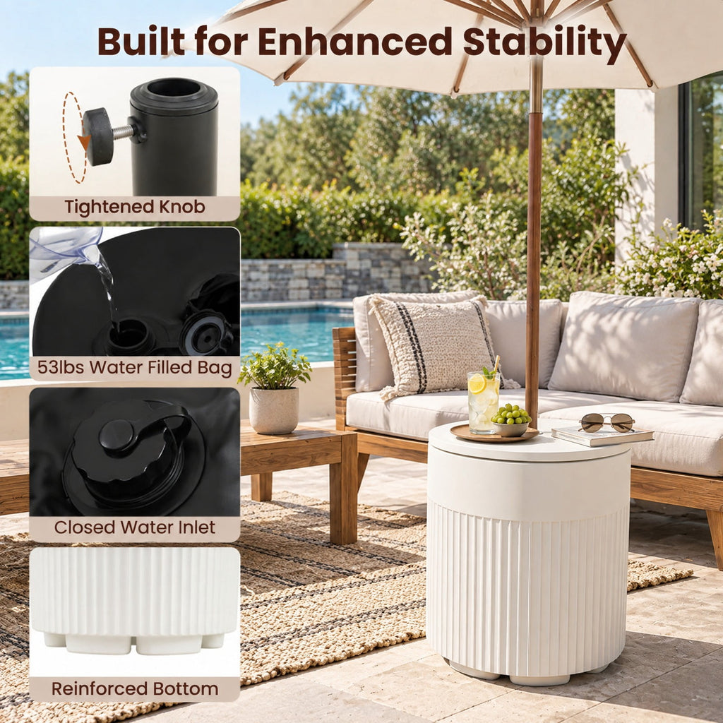 Airfind 3-in-1 Outdoor HDPE Umbrella Base, Cooler and Side Table with Water Bag and 2 Umbrella Hole for Patio, 15 x 15 x 17, White